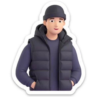 A guy in a hat, black hoodie, and a puffer vest sticker