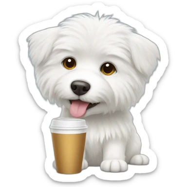 White furry little dog drinks coffee sticker