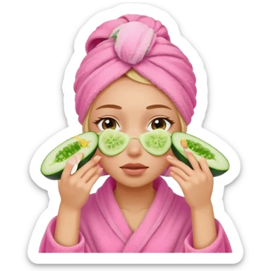 Girl with pink towel in hair cucumber slices covering eyes sticker