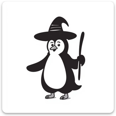 A penguin wizard with a pointy hat and a magic wand sticker
