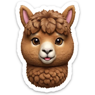 Cinematic Cute Brown Alpaca Portrait Emoji, Head tilted playfully and inquisitively, featuring a plush, rich brown fleece with a natural sheen, round, sparkling warm eyes filled with curiosity, Simplified yet irresistibly adorable features, highly detailed, glowing with a warm, friendly glow, high shine, affectionate and gentle, stylized with a touch of whimsy, bright and endearing, soft glowing outline, capturing the essence of a mischievous yet loving alpaca, so playful it feels like it could prance out of the screen and into your arms! sticker