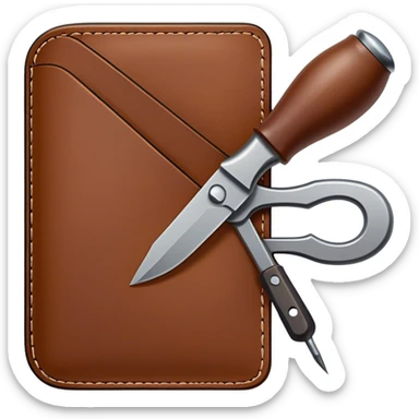 Leatherworking icon, piece of raw leather being crafted into a leather wallet or belt with engraving, professional tools like leather stitching awl, edge beveler, hammer, prying tool, minimalistic style, clean lines, transparent background. sticker