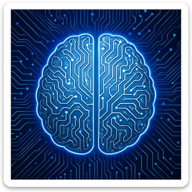 AI brain, circuit patterns, blue and silver colors, tech-inspired sticker