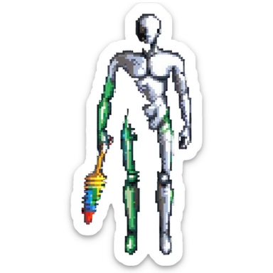 A paintbrush transforming into a metallic human silhouette, symbol of artistic identity sticker