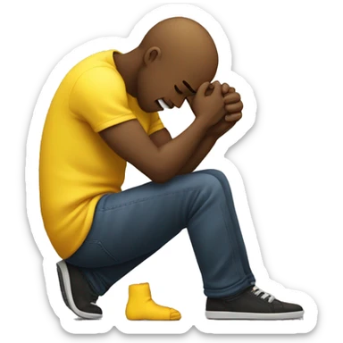 A yellow-skinned man kneeling and crying, trying to mend his girlfriend's broken heart. The heart is a broken emoji heart, highlighting the emotional scene. sticker