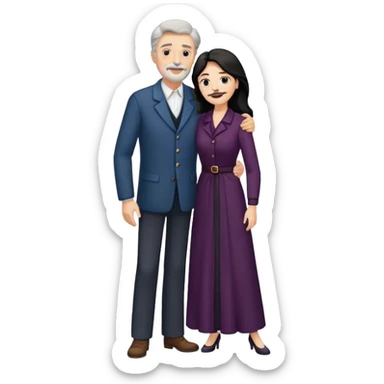 older couple, tall white man with brown hair goatee mustache hugging a pale woman with long black hair, wearing elegant clothing sticker