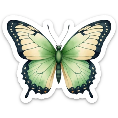 A minimalist watercolor illustration of a butterfly with green hues and fine details, set against a soft beige canvas.
 sticker
