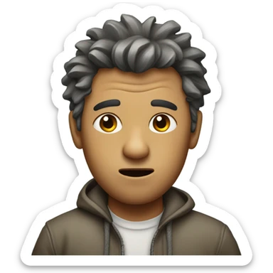 man with disheveled hair, ragged chlothing, and shaking  sticker