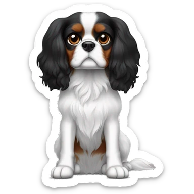 The cavalier King Charles spaniel dog. A black and white dog. With black ears, brown eyebrows, black in the middle of the muzzle, the rest is white. The belly is white, the back is black. The dog is sitting sticker