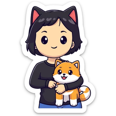 girl with black shoulder-length hair wearing a black tight-fitting top with a calico cat with white mouth and a shiba inu dog sticker