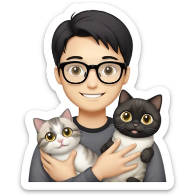 Young man with warm yellow-toned skin, long face, black back-length hair, large eyes, thin-rimmed square glasses, smiling gently while holding a grayish-white Munchkin cat with short legs and a gray patch under its mouth sticker