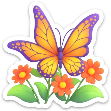 Add glowing leaves among the flowers and around the butterfly, maintaining the magical, 3D cartoon, digital fantasy art style. Keep the transparent background and all existing effects including flowers, glowing outlines, sparkling accents, magical particles, and elegant wings. sticker