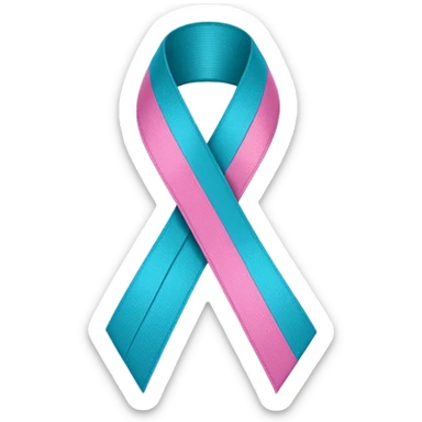 Thyroid cancer ribbon which has a blue strand, a pink strand and teal at the top where the ribbon crossed over sticker