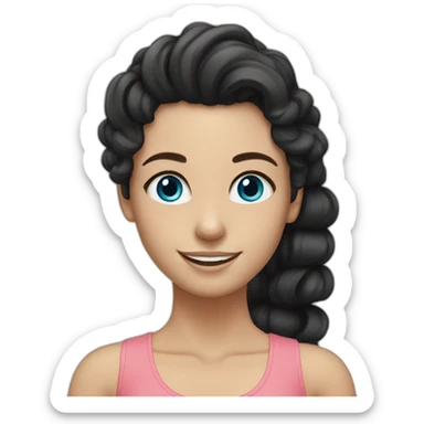 white girl with black long curly ponytail and blueeyes smiling sticker