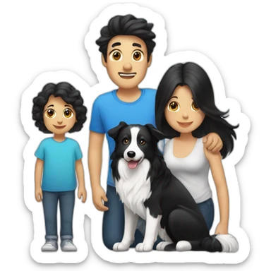 Family formed by a White man and a White woman with long black hair and a baby and a small black border collie dog sticker