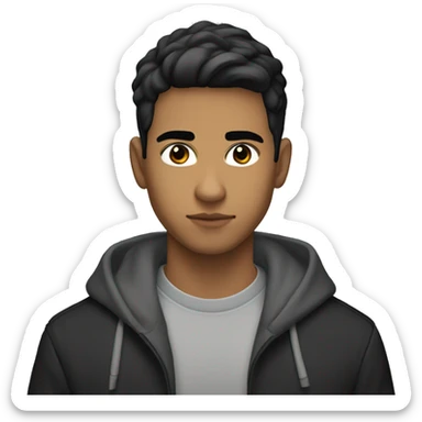 25-year old latino, light-brown skin, with black eyes and short hair, wearing a hoodie with a black long coat sticker