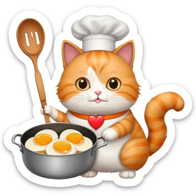 a cat holding a cooking pan with double heart-shaped eggs sticker