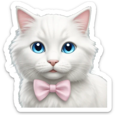 A happy cute fluffy white cat with blue eyes and a light pink bow  sticker