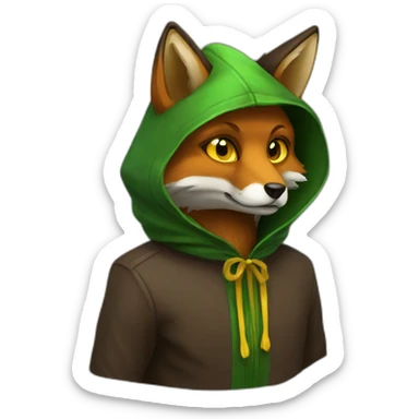 brown fox with yellow eyes and a green dark hood that sadly sticker