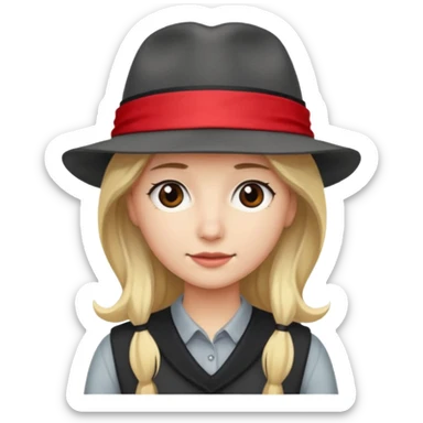 A person with long blond hair, wearing a gray fedora with a black band and a red headband underneath. sticker