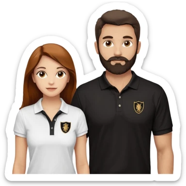 Tente de novo.Crie um casal - Homem branco de cabelo liso e olhos marrom, com barba, expressão séria usando camiseta polo preta e mulher de pele branca cabelo cacheado marrom longo e olhos mel, usando uma regata branca, quero ela sorrindo sticker