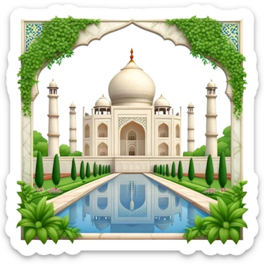 Cinematic Realistic Taj Mahal Landmark Emoji, depicted as the iconic marble mausoleum set amidst lush gardens rendered with intricate detail and ethereal, soft lighting. sticker
