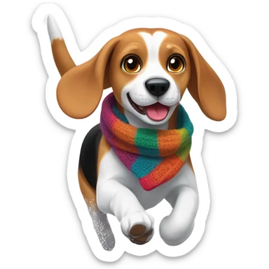 Beagle with winter clothing playing in the snow sticker