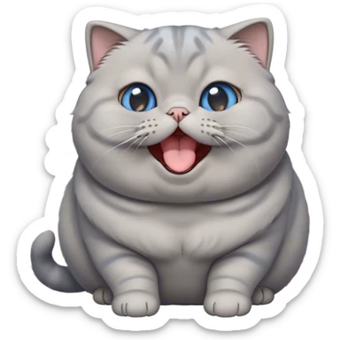 Cinematic Cute Chubby Grey Scottish Fold Cat Portrait Emoji, Head tilted playfully and yawning, round and plump body with sleek soft grey fur and subtle blue undertones, adorable folded ears, Simplified yet adorable features, highly detailed, glowing with a warm, friendly glow, high shine, curious yet calm, stylized with a touch of whimsy, bright and endearing, soft glowing outline, capturing the essence of a mischievous yet loving and lazy kitty with those signature folded ears, so cute it feels like it could stretch out of the screen and cuddle! sticker