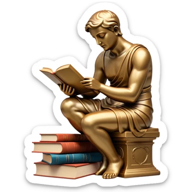An icon featuring a thinker statue, a scroll, symbolizing philosophy. The design includes books and abstract symbols representing deep thought and wisdom. Transparent background highlights the study of ideas, logic, and existential questions sticker