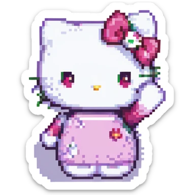 Hello Kitty waving hand, pixel art style, retro game vibe sticker