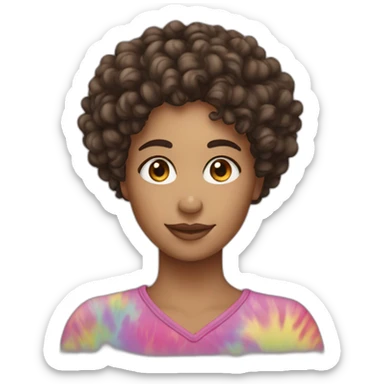 curly hair brunete woman wearing tiedye sticker