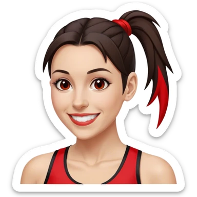 Melanie chisholm with a dark brown high ponytail with a red streak through it, wearing athletic attire and smiling sticker