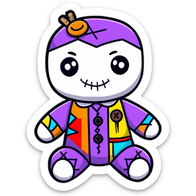 A colorful voodoo doll with patchwork fabric in bright colors, decorative buttons for eyes, and colorful pins sticking out of it sticker