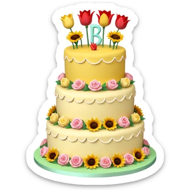 A large three teir cake with top layer decorated with roses, middle with Sunflowers and bottom layerwith Tulips and Happy Birthday Dear written on top. sticker