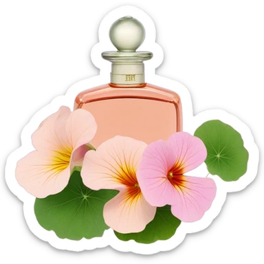 Aesthetic display of blush pink nasturtiums, an elegant violet perfume bottle, and a vintage love letter written in flowing script. sticker