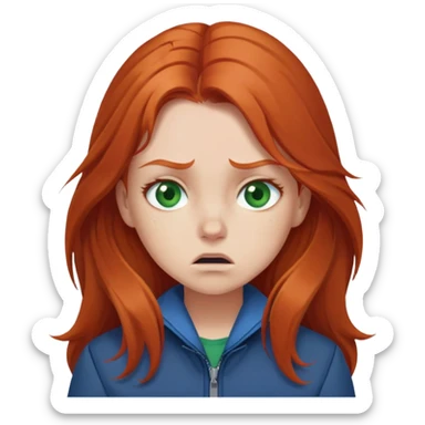 Redhead girl with long hair, green eyes, blue jacket, upset expression sticker