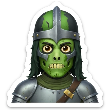 a male with long black rough hair wearing a knight helmet with green zombie skin sticker