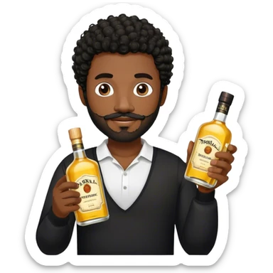 dark black guy, short black curly hair, short beard and mustache, holding tequila, black shirt  sticker