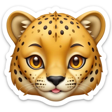 Cinematic Cute Cheetah Portrait Emoji, Head tilted playfully and inquisitively, featuring a glossy, golden spotted Fur with a natural sheen, round, sparkling amber eyes filled with curious mischief, Simplified yet irresistibly adorable features, highly detailed, glowing with a warm, friendly glow, high shine, affectionate and agile, stylized with a touch of savannah whimsy, bright and endearing, soft glowing outline, capturing the essence of a mischievous yet loving cheetah, so playful it feels like it could dash out of the screen and into your arms! sticker