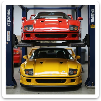 realistic front view of a Ferrari F40 on a car lift above a yellow Porsche GT3 RS, clean details, transparent background sticker
