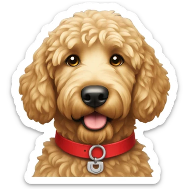 Golden doodle with a red collar sticker