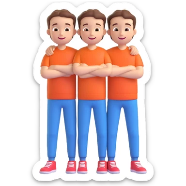 Two cartoon-style boys with similar features, arms around each other's shoulders, smiling, matching outfits, standing close, white background, emoji style sticker