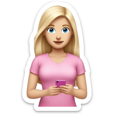 a blue eyed white dark blond hair girl wearing a pink shirt holding a pink iphone  sticker
