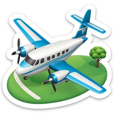 A 3D cartoon small twin-propeller airplane flying low over fields, gentle lighting, bright background, Memoji-style rendering. sticker
