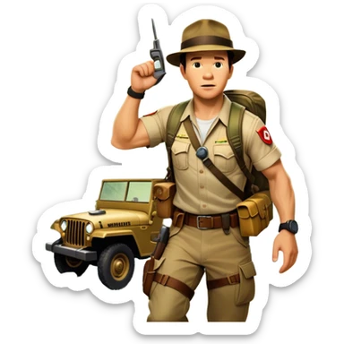 A vintage movie poster-style collage. Include action-packed elements like a treasure map, jungle scenes, a rugged explorer with a compass and a speeding jeep. Add a shadowy figure resembling close-up Mark Wahlberg in adventurous gear. Dramatic lighting, dynamic composition. Transparent background. sticker