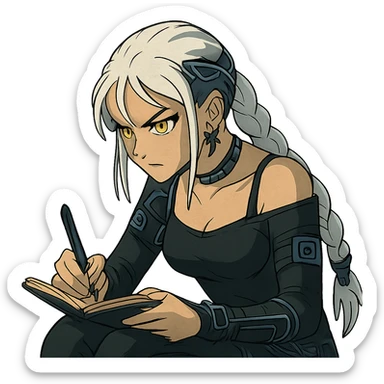  she is scribbling furiously in a notebook, a closeup portrait of young woman with gold yellow eyes, white hair, long braid, black off-shoulder top d-cup, punk gothic style, futuristic cyberwave cyberpunk, sitting position
 sticker