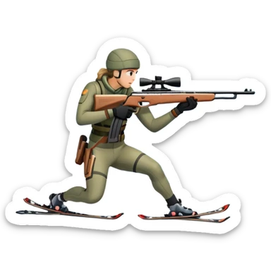 An icon showing a snowy landscape with pine trees, mountains, and a clear sky with a biathlete aiming a rifle in the foreground, wearing winter gear and skis. Transparent background emphasizes the precision, endurance, and beauty of this winter sport. sticker