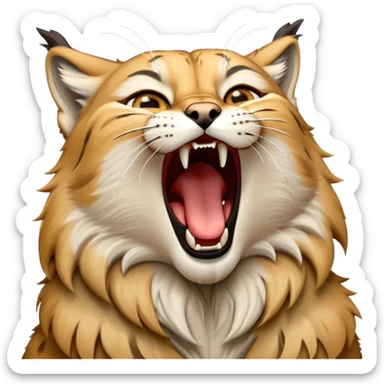 Cinematic-detailed-Yawning-Lynx-Portrait-Emoji – Head tilted slightly with a dramatic, wide-open yawn, revealing a sleek golden-brown fur coat with subtle spots, signature black ear tufts standing tall, round amber eyes barely open in drowsy contentment zoomed out to show the shoulders sticker