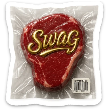 steak with gold cursive 'SWAG' lettering, shiny and inflated sticker