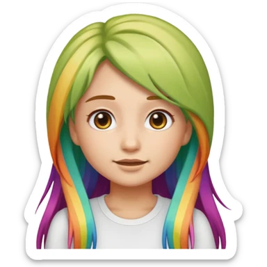 girl emoji with long rainbow hair, she's wearing a white top and has light olive skin  sticker